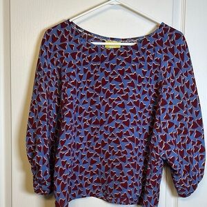 Maeve Anthropologie Blue Peasant Sleeve Blouse Maroon Hearts Size Med EUC #2552